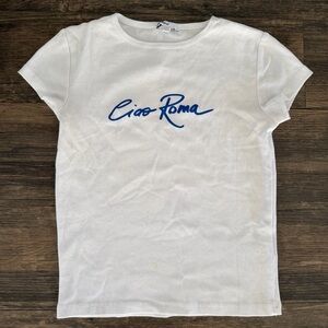 Subdued White Graphic Short Sleeves T-Shirt Blue Ciao Roma Logo Cotton Stretch M